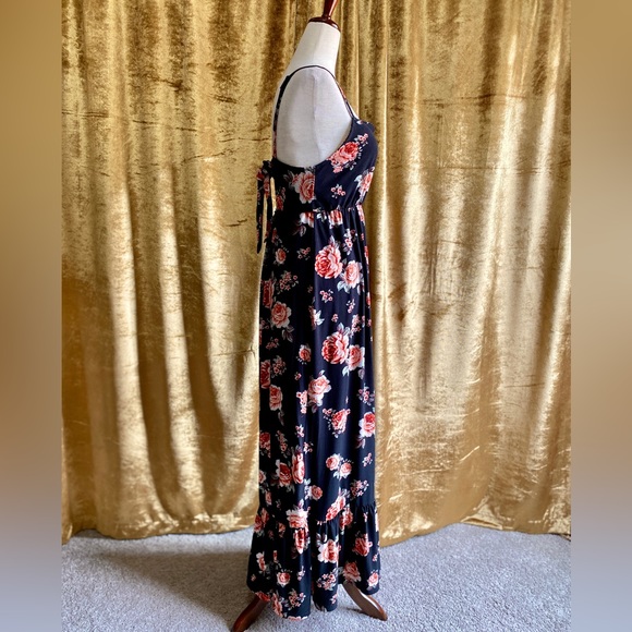 Black Maxi Dress w/ Pink Roses, Soft, Keyhole Back Tie, Ruffle Hem - Picture 14 of 14